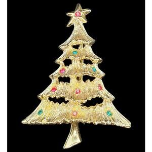 Luxe‎ Vintage Holiday Sparkle Rhinestone Tiered Tree Brooch Gold Tone Elegant 2